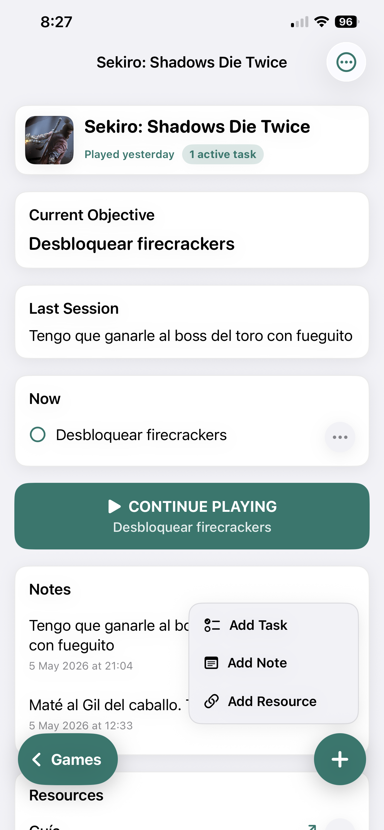 Sekiro detail screen in Checkpoint with objective, last session, notes, tasks, resources, and add menu
