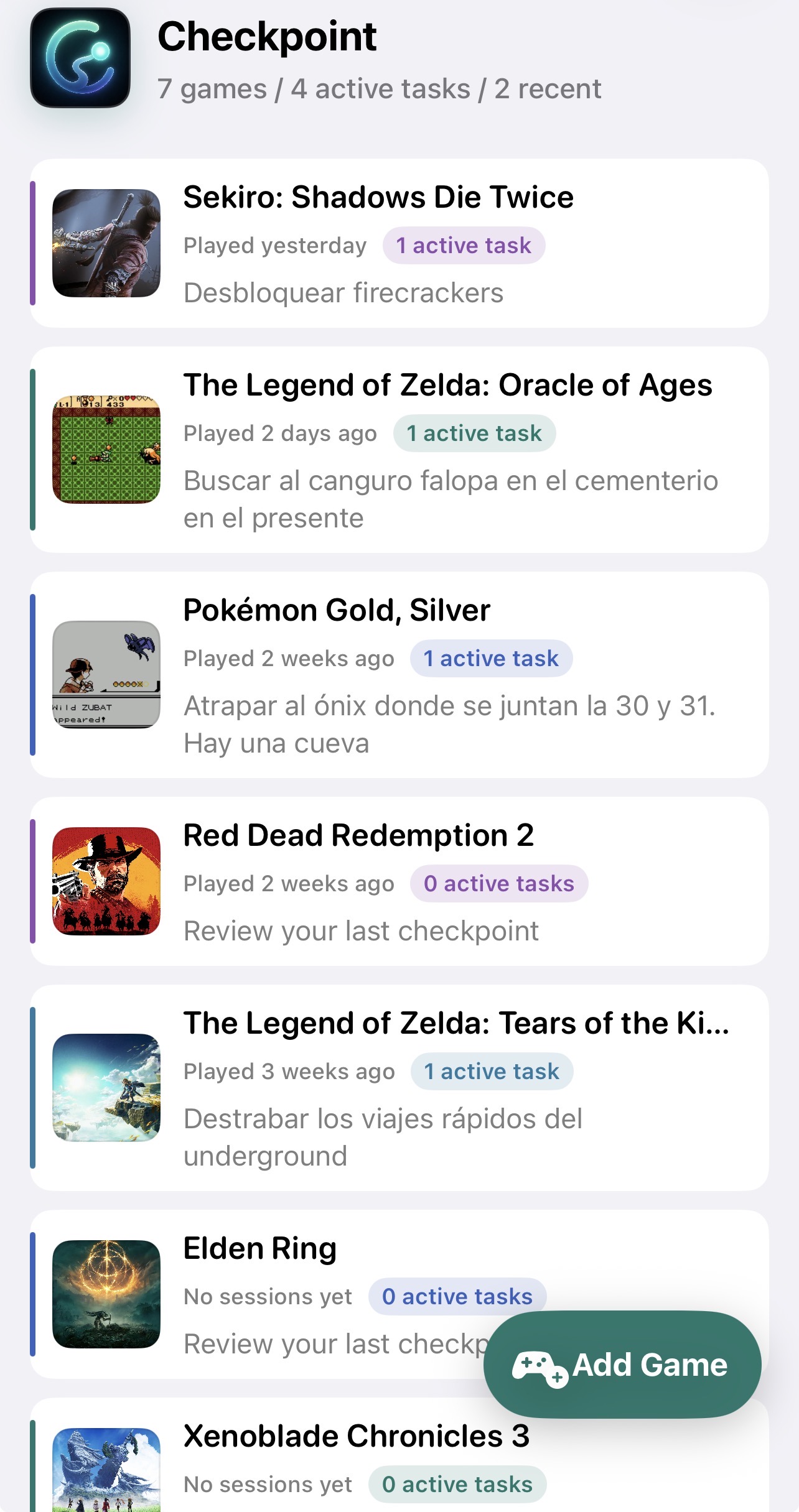 Checkpoint game list with active tasks and recently played games