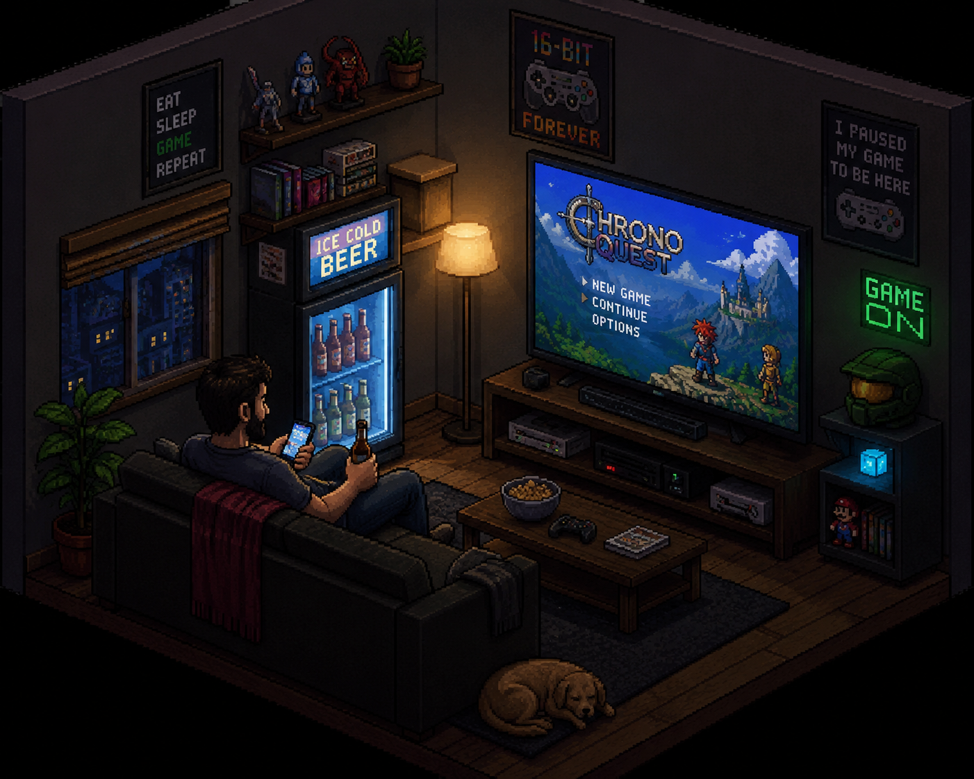 Pixel art illustration of a gaming room with someone resuming a game from the couch