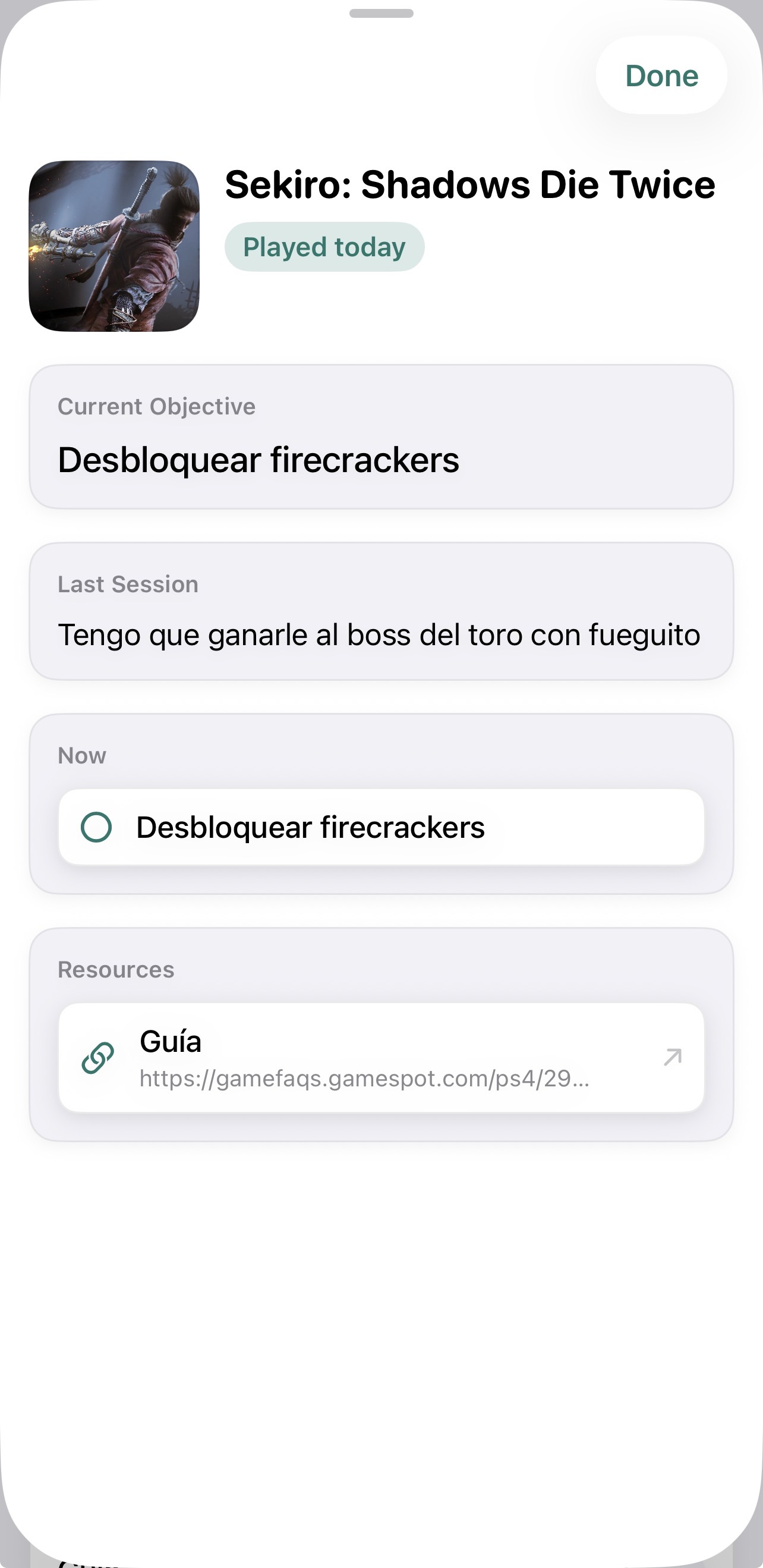 Sekiro Resume Game view with objective, active task, and saved resource